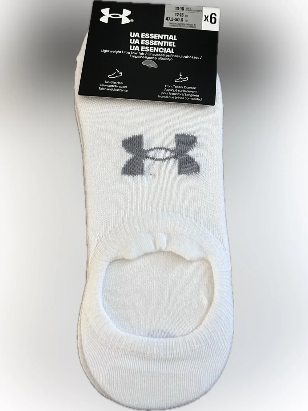 Under Armour Men’s Essential White No-Show Socks with Gray Logo - 6 Pair